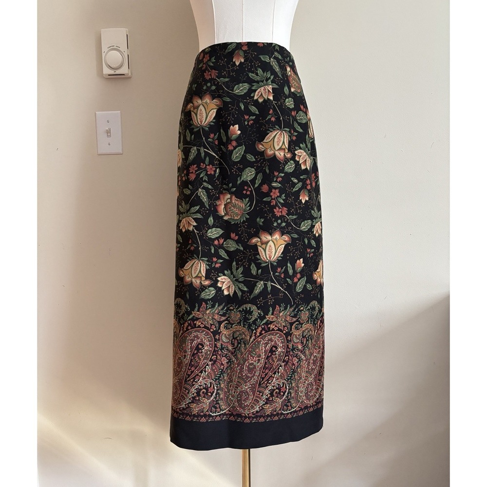Vintage 90s Whimsigoth Skirt Womens 14P Large Botanical Floral Black Orange Fall